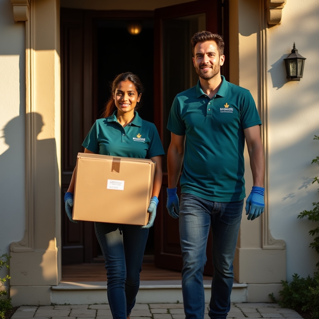 Umzugsteam trägt sorgfältig verpackte Kartons aus einem Wohnhaus
