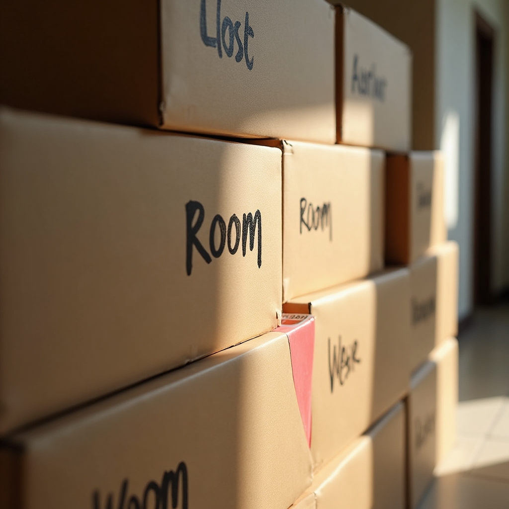 Reihe beschrifteter Umzugskartons für ein kleines Büro
