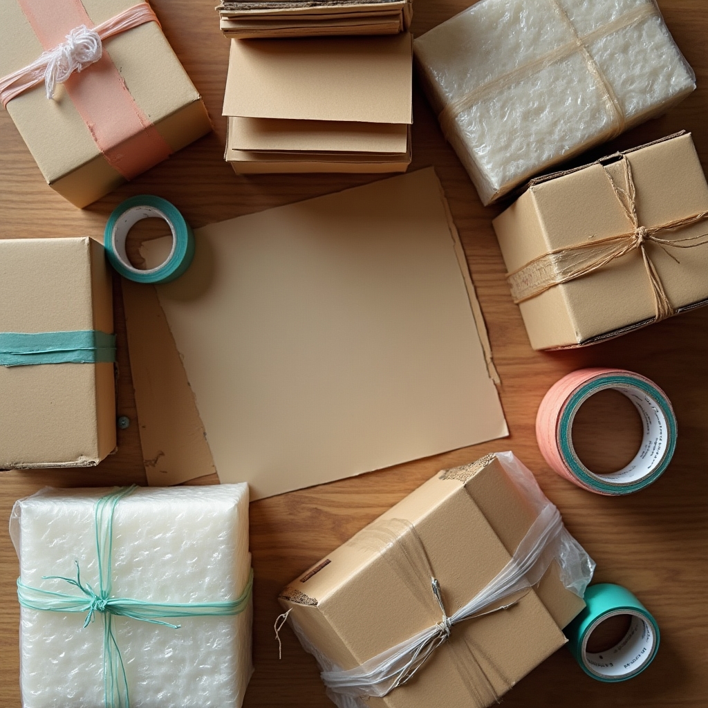Übersicht von Verpackungsmaterial wie Kartons, Klebeband und Luftpolsterfolie auf einem Tisch